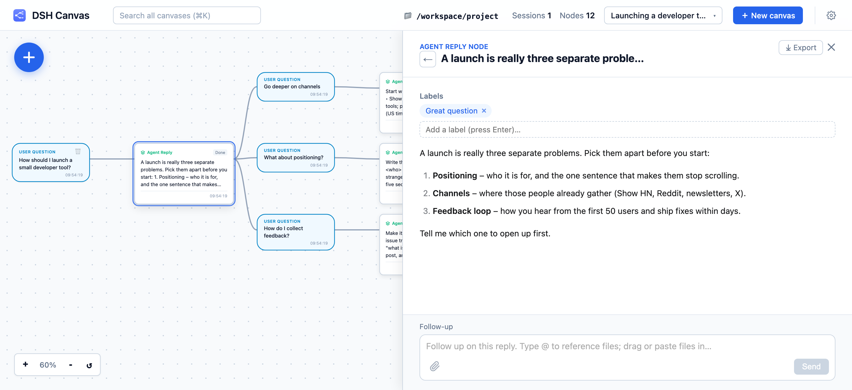 The Thinkfork window: a conversation drawn as a tree of questions and replies on the left, with the selected reply opened in full on the right.