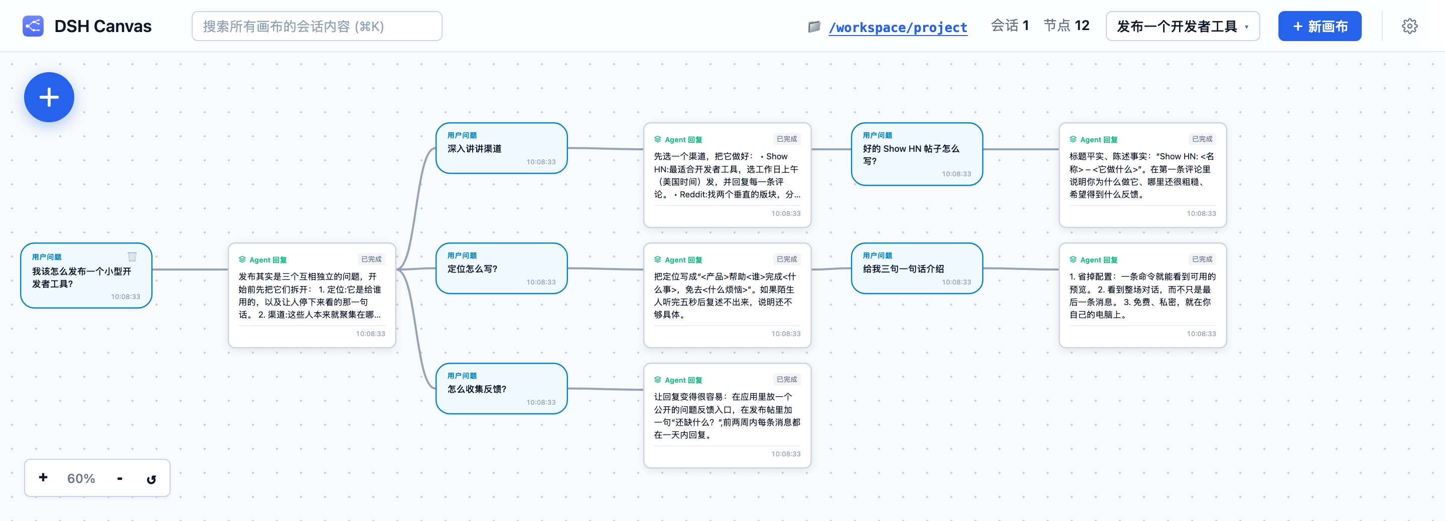 一个问题分出三条追问线索，其中两条继续向下延伸多层。